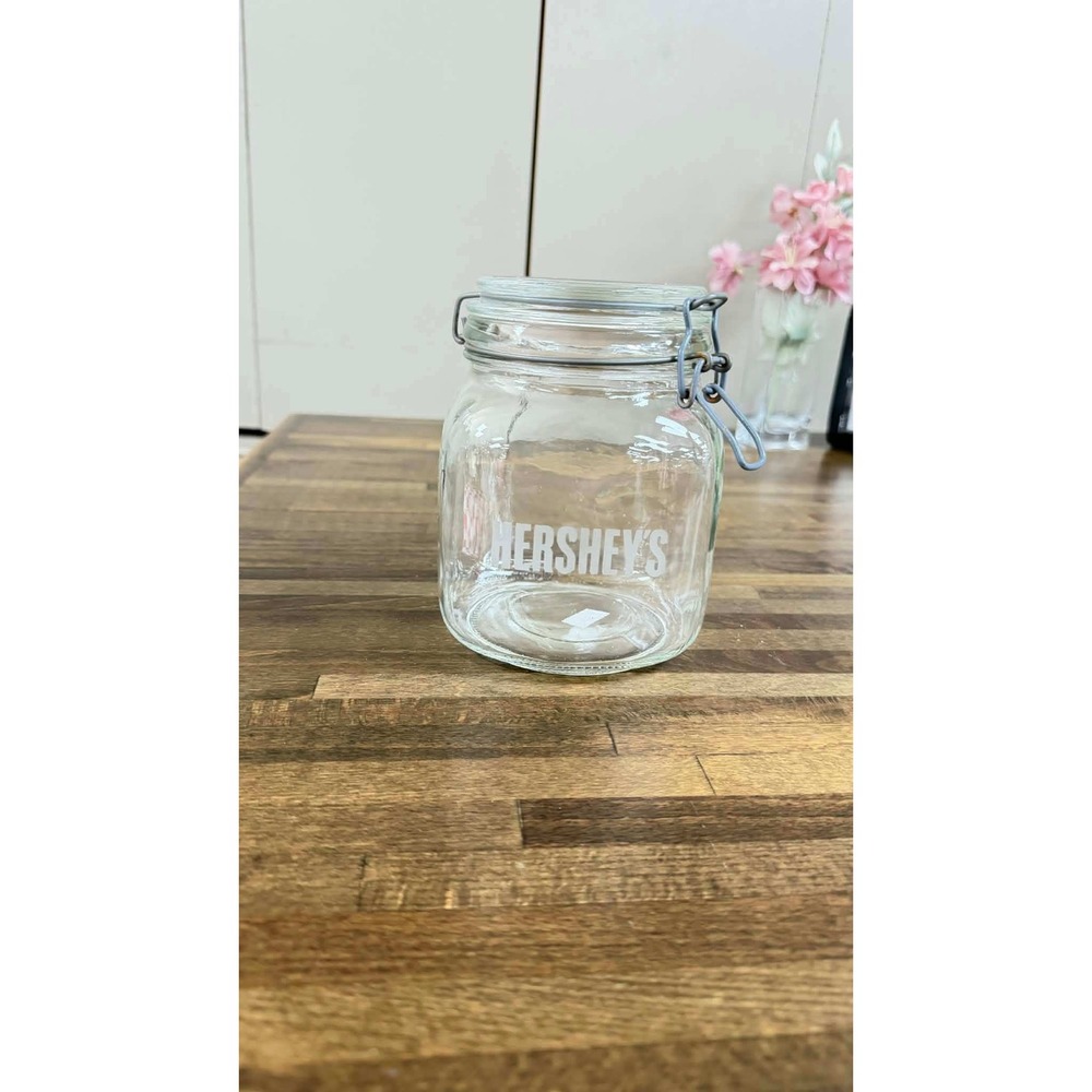 Hershey's Glass Storage Jar Wire Bale Flip Top Lid Clear Kitchen Canister Logo